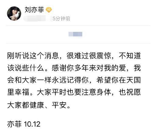 劉亦菲發文悼念去世粉絲